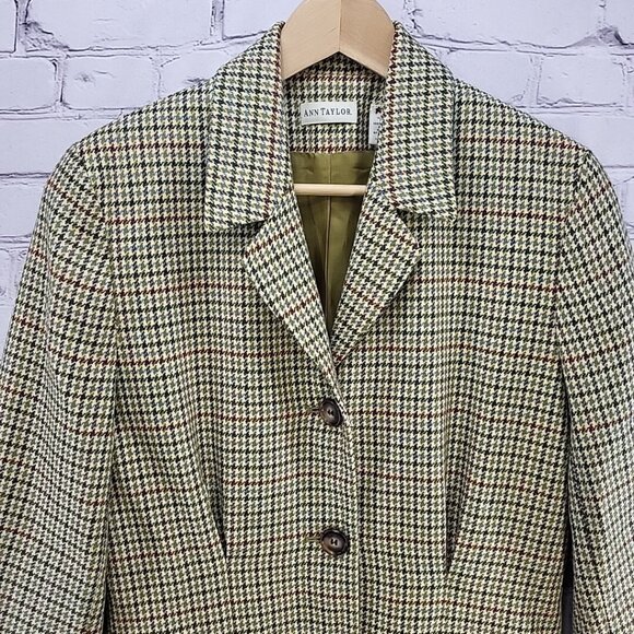 Ann Taylor Wool Blazer Jacket Houndstooth Green Plaid Sz 6 Vintage Y2K - Picture 2 of 11